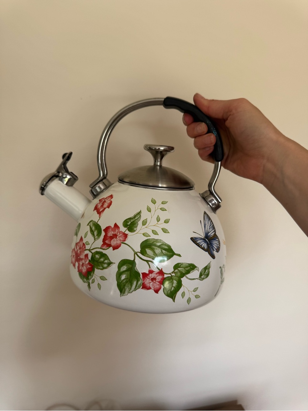 Floral Butterfly Whistling Tea Kettle - White with Yellow & Purple Accents - Picture 2 of 3
